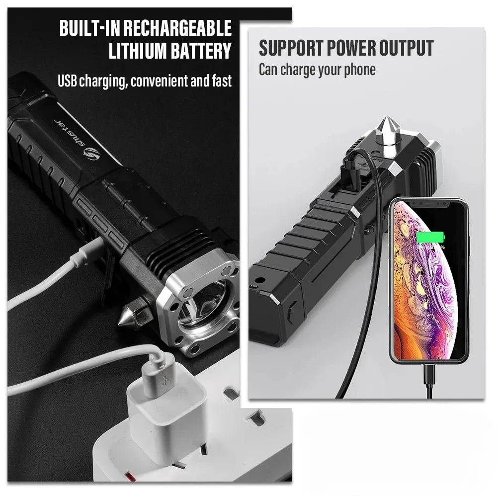 Multifunction Portable LED Flashlight Rechargeable LED Hammer Torch – Car Emergency Safety Tool